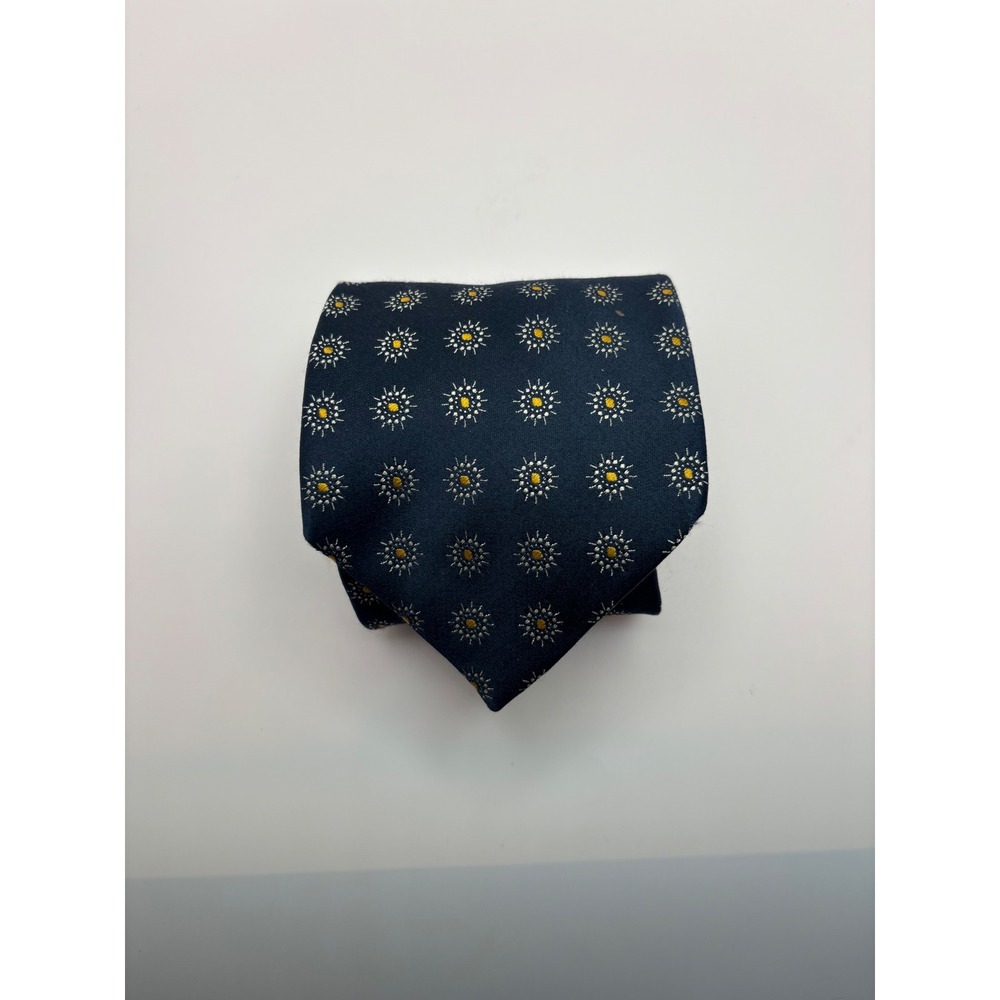 Canali Mens Silk Tie Navy Blue Silver Gold Floral Sunburst Geometric Made Italy